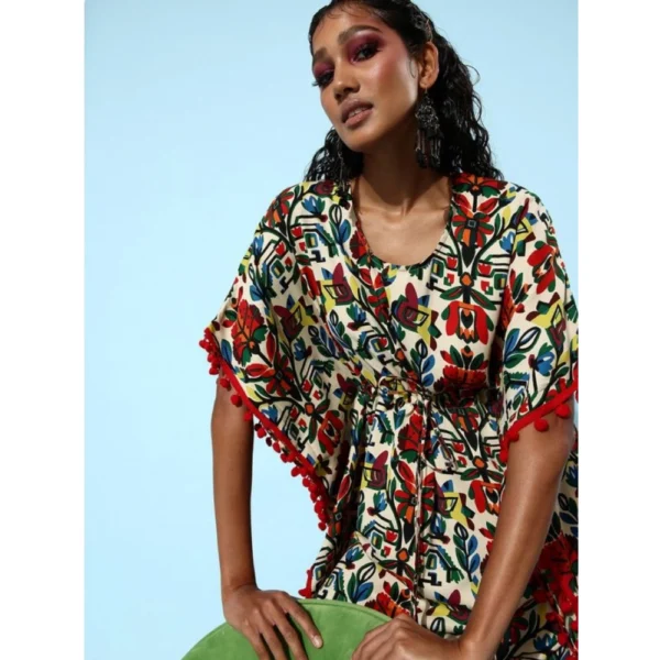 Women's Polyester Moss Printed Round Neck Kaftan Sleeve Dress (Multicolor) - Image 3