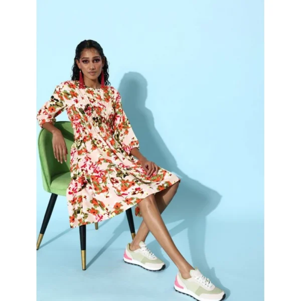 Women's Polyester Moss Polka Round Neck 3/4th Sleeves Dress (Multicolor) - Image 3
