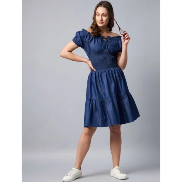 Women's Denim Solid Off-Shoulder Short Sleeve Dress (Blue) - Image 3