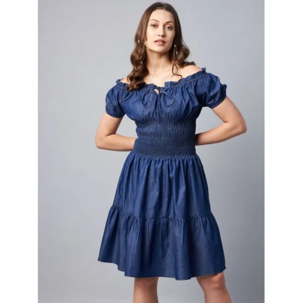 Women's Denim Solid Off-Shoulder Short Sleeve Dress (Blue) - Image 4