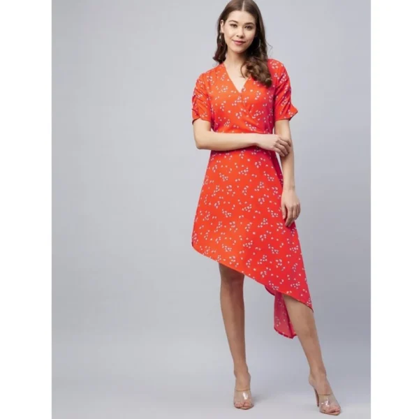 Women's Polyester Floral V-Neck Short Sleeve Dress (Orange) - Image 3
