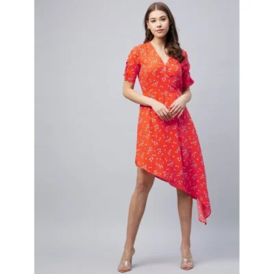 Women's Polyester Floral V-Neck Short Sleeve Dress (Orange)