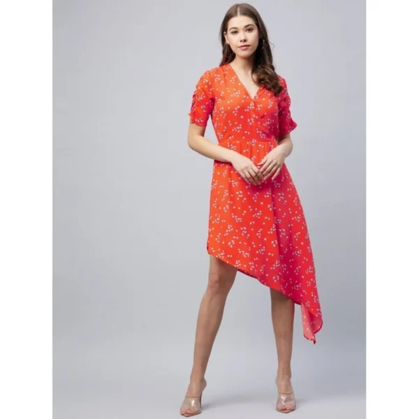 Women's Polyester Floral V-Neck Short Sleeve Dress (Orange)
