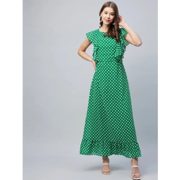 Women's Polyester Polka Close Neck Flutter Dress (Green) - Image 4