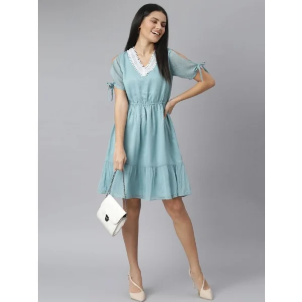 Women's Chiffon Self Design V-Neck Tie Ups Dress (Green) - Image 3