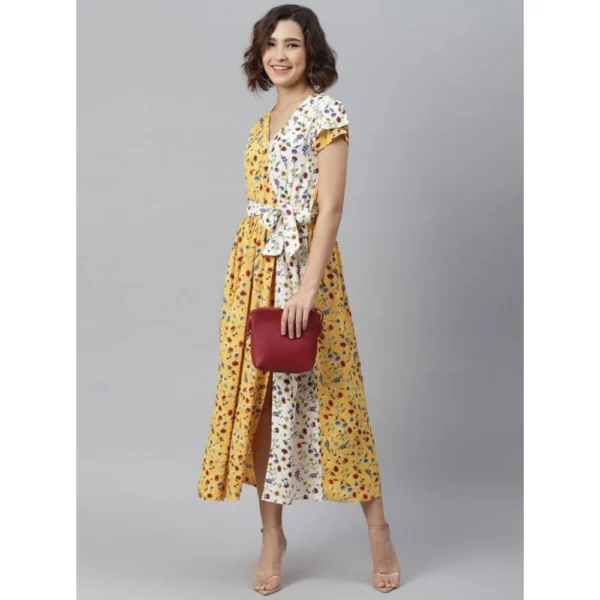 Women's Polyester Floral V-Neck Short Sleeve Dress (Yellow-White) - Image 3