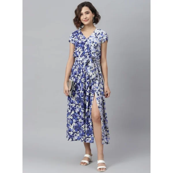 Women's Polyester Floral V-Neck Short Sleeve Dress (Purple-White) - Image 3