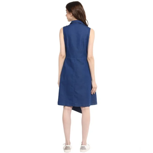 Women's Denim Solid Collar Neck Sleeveless Dress (Blue) - Image 4