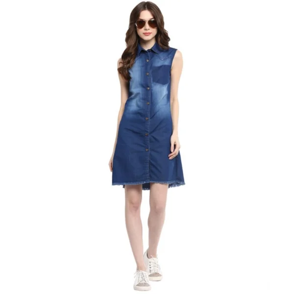Women's Denim Solid Collar Neck Sleeveless Dress (Blue) - Image 3