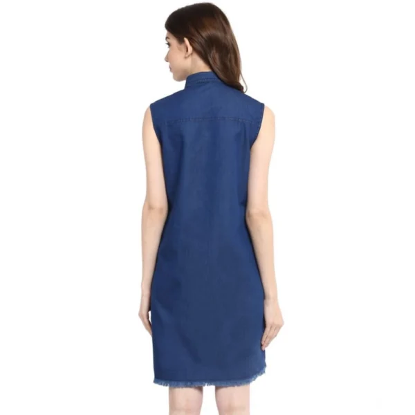 Women's Denim Solid Collar Neck Sleeveless Dress (Blue) - Image 4