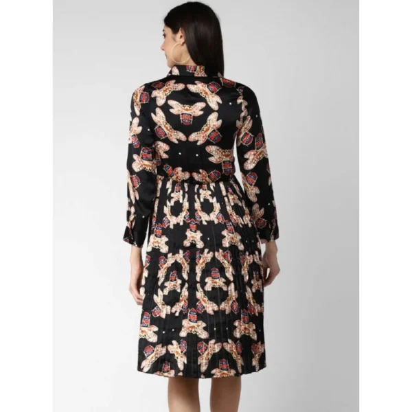 Women's Polyester Pleated Collar Neck Long Sleeves Dress (Black) - Image 4