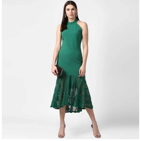 Women's Polyester Asymmetrical Close Neck Sleeveless Dress (Green) - Image 3