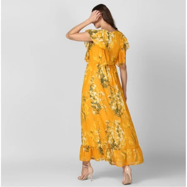 Women's Polyester Floral Round Neck Butterfly Sleeve Dress (Yellow) - Image 4