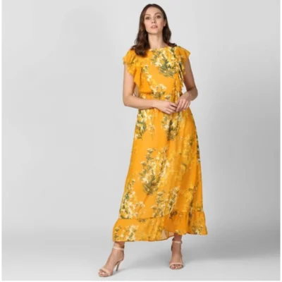 Women's Polyester Floral Round Neck Butterfly Sleeve Dress (Yellow)