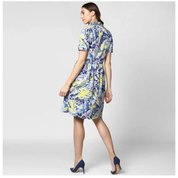 Women's Polyester Floral Collar Neck Short Sleeve Dress (Blue-Yellow) - Image 4