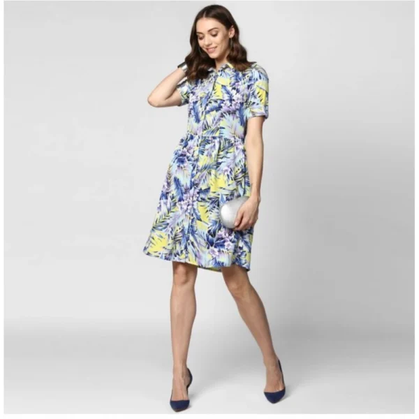 Women's Polyester Floral Collar Neck Short Sleeve Dress (Blue-Yellow) - Image 3