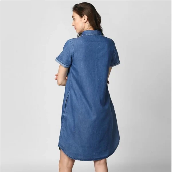 Women's Denim Solid Collar Neck Short Sleeve Dress (Blue) - Image 4