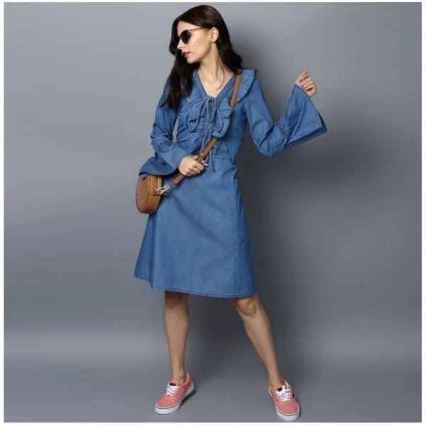 Women's Denim Solid V-Neck Bell Sleeve Dress (Blue) - Image 3