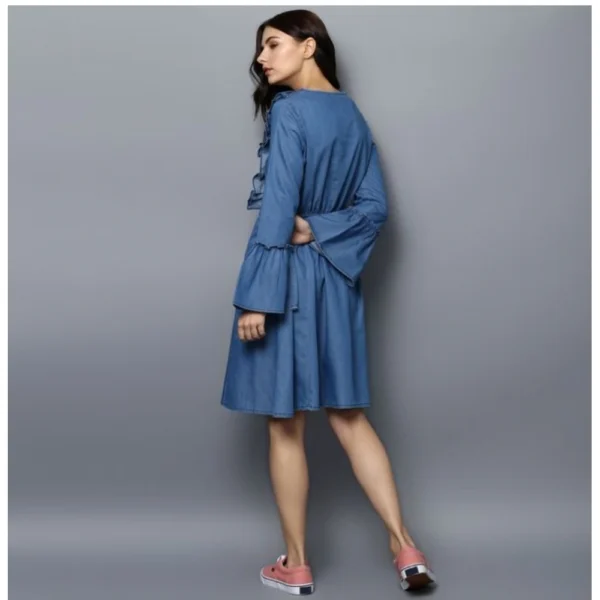 Women's Denim Solid V-Neck Bell Sleeve Dress (Blue) - Image 4