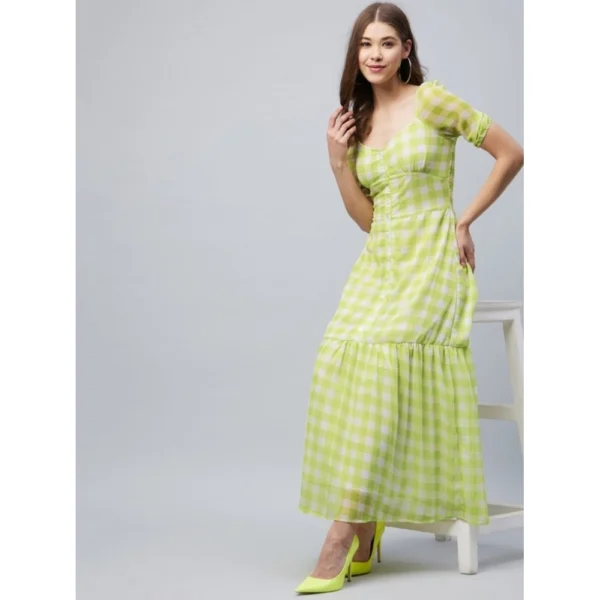 Women's Polyester-Cotton Blend Checkered Square Neck Half Sleeve Dress (Lime Green) - Image 4