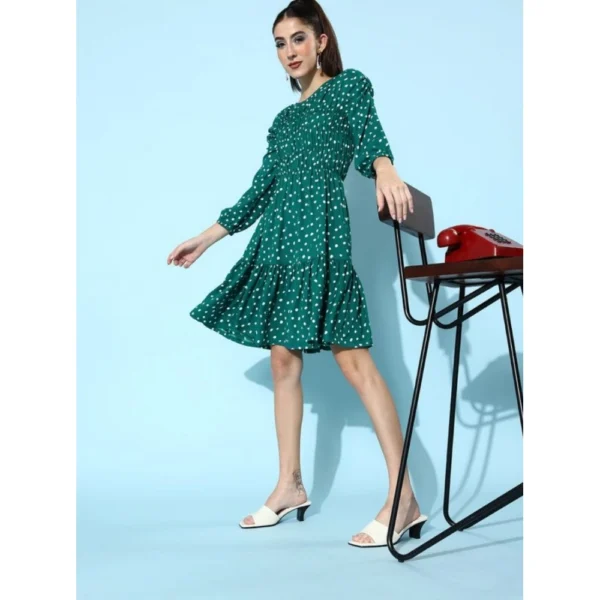 Women's Polyester Moss Polka Round Neck 3/4th Sleeves Dress (Green) - Image 4