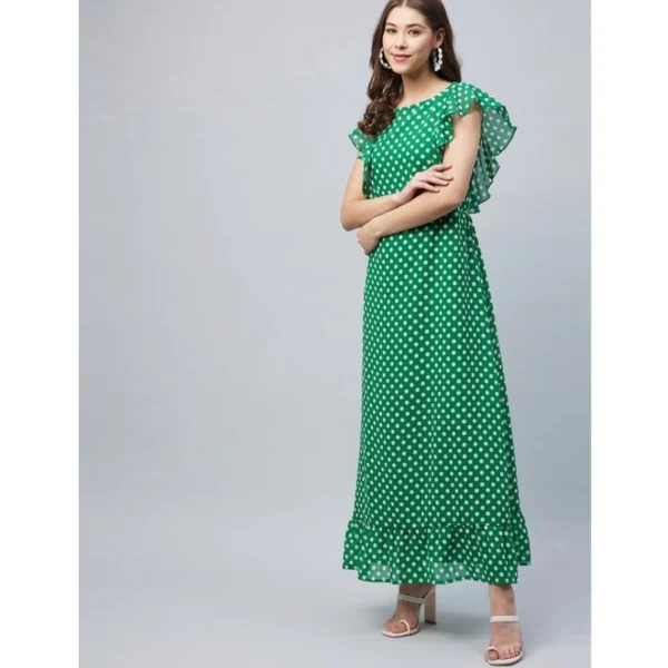 Women's Polyester Polka Close Neck Flutter Dress (Green) - Image 3