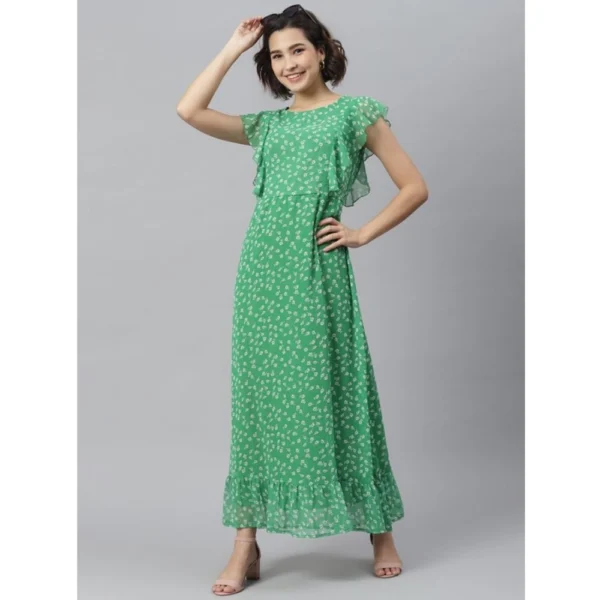 Women's Polyester Floral Round Neck Short Sleeve Dress (Green) - Image 3