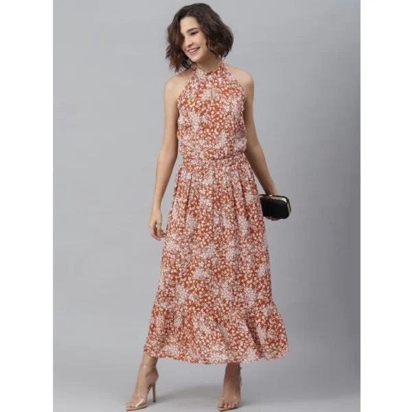 Women's Polyester Printed Halter Neck Sleeveless Dress (Rust) - Image 3