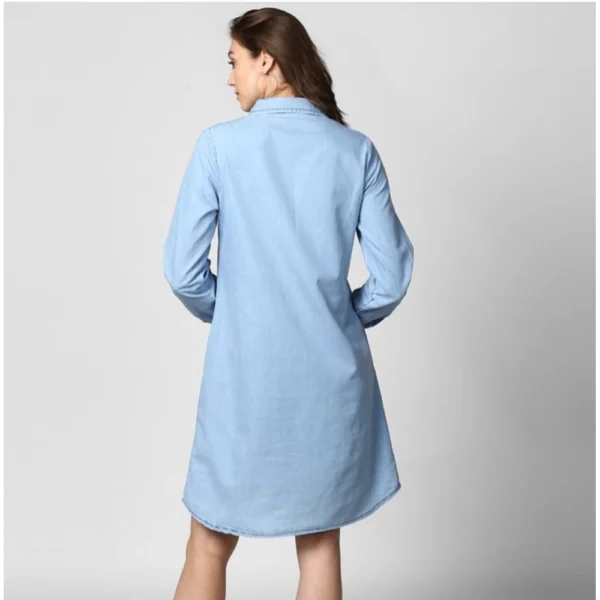 Women's Denim Solid Collar Neck Roll Up Sleeve Dress (Blue) - Image 4