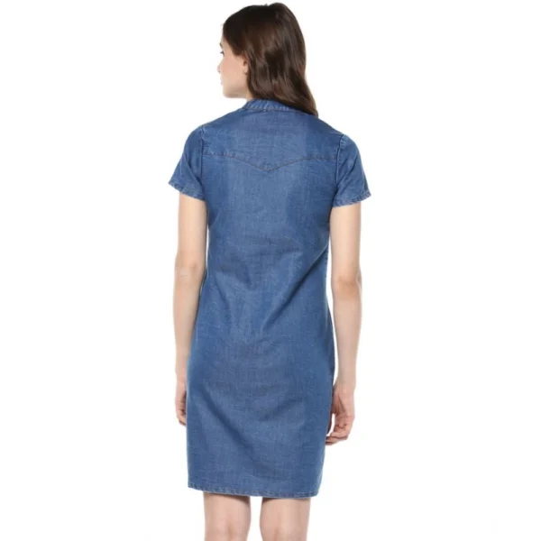 Women's Denim Solid Tie-Up Neck Short Sleeve Dress (Blue) - Image 4