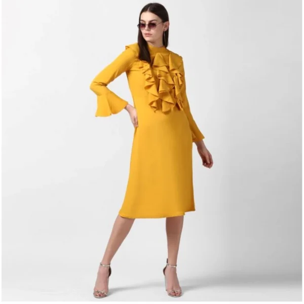 Women's Polyester Ruffled Close Neck Long Sleeves Dress (Yellow) - Image 3