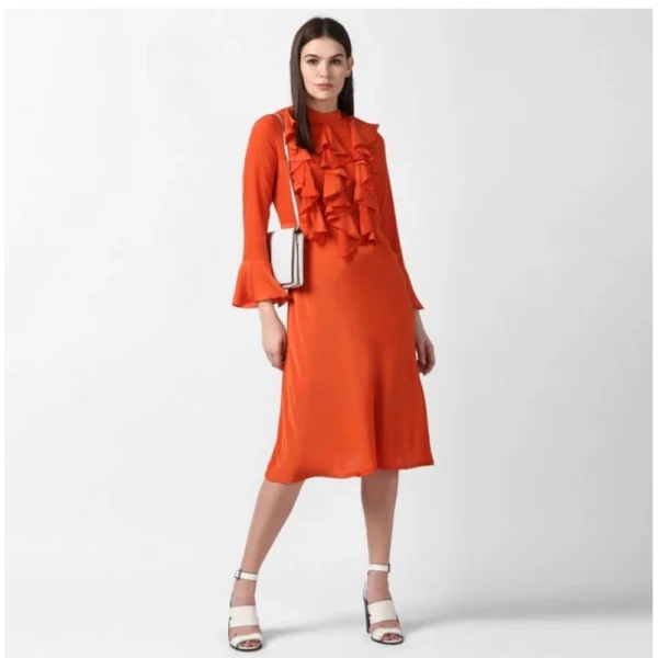 Women's Polyester Ruffled Close Neck Long Sleeves Dress (Orange) - Image 3
