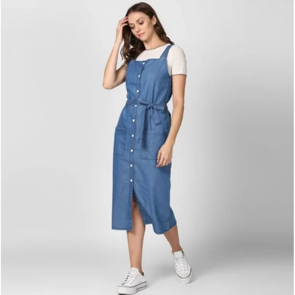 Women's Denim Solid Round Neck Sleeveless Dress (Blue) - Image 3