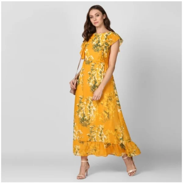 Women's Polyester Floral Round Neck Butterfly Sleeve Dress (Yellow) - Image 3