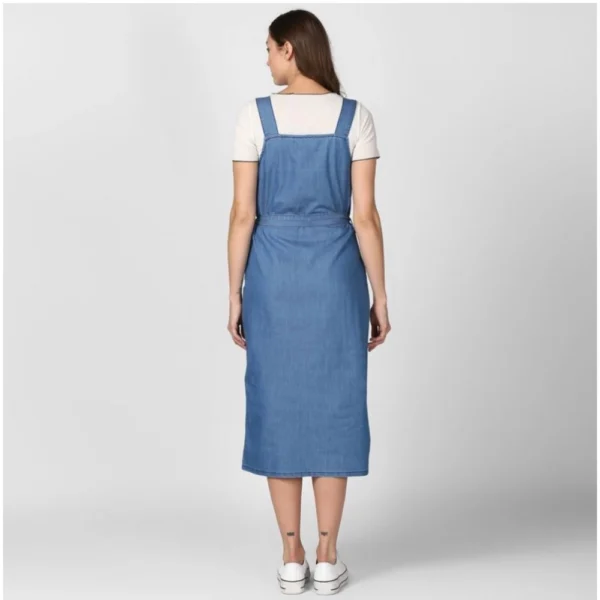 Women's Denim Solid Round Neck Sleeveless Dress (Blue) - Image 4
