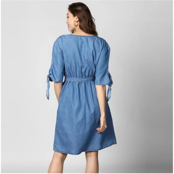 Women's Denim Solid V-Neck Tie Ups Dress (Blue) - Image 4