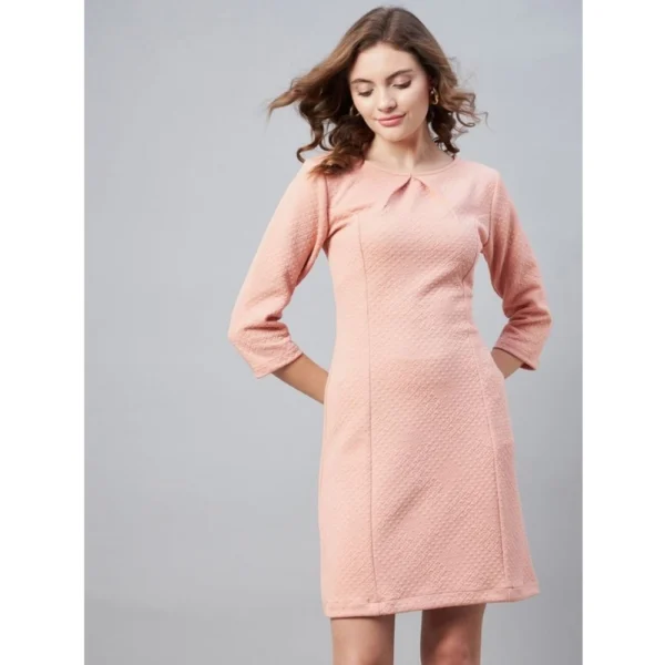 Women's Polyester Jacquard Self Design Round Neck 3/4th Sleeves Dress (Pink) - Image 4