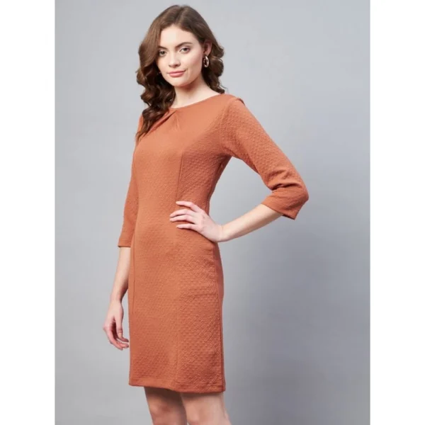Women's Polyester Jacquard Self Design Round Neck 3/4th Sleeves Dress (Rust) - Image 3