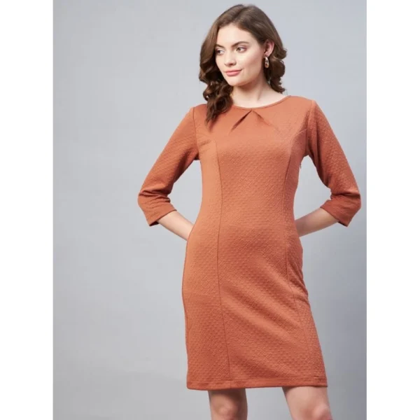 Women's Polyester Jacquard Self Design Round Neck 3/4th Sleeves Dress (Rust) - Image 4