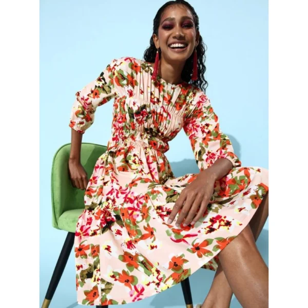 Women's Polyester Moss Polka Round Neck 3/4th Sleeves Dress (Multicolor) - Image 4