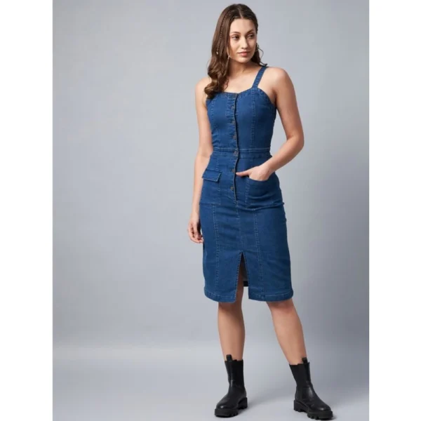 Women's Denim Lycra Solid Square Neck Shoulder Straps Dress (Blue) - Image 4