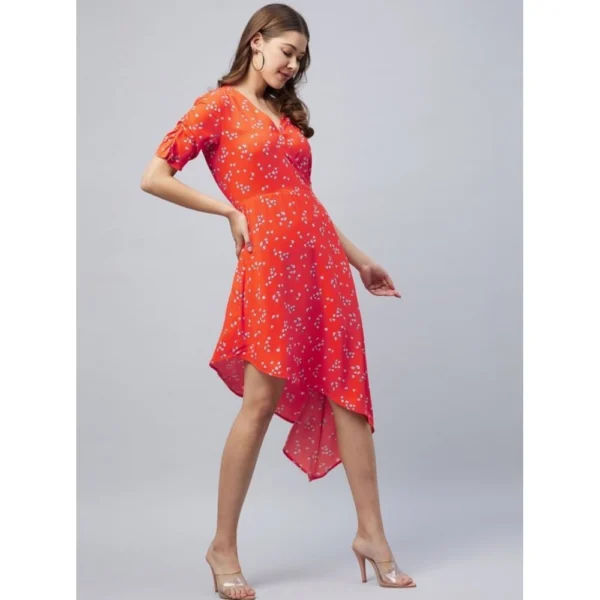Women's Polyester Floral V-Neck Short Sleeve Dress (Orange) - Image 4