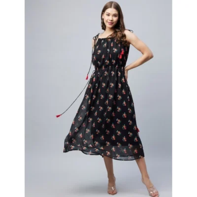 Women's Chiffon Floral Square Neck Sleeveless Dress (Black)