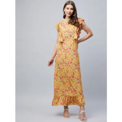 Women's Polyester Floral Round Neck Flutter Dress (Red)