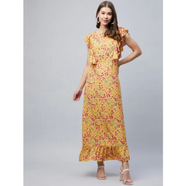 Women's Polyester Floral Round Neck Flutter Dress (Red)
