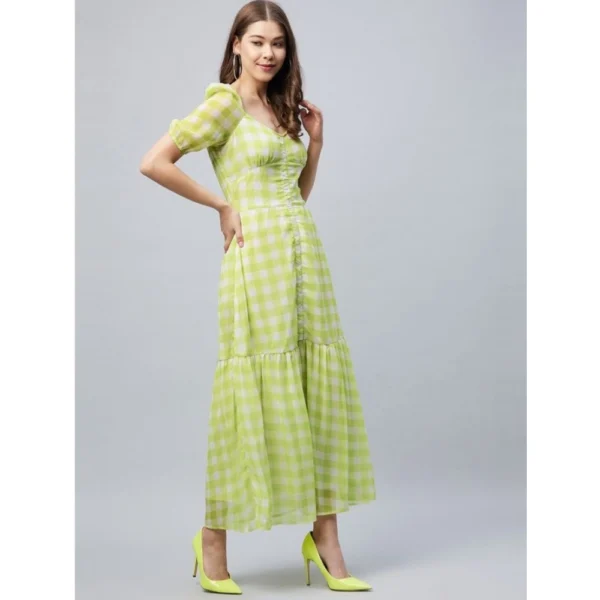 Women's Polyester-Cotton Blend Checkered Square Neck Half Sleeve Dress (Lime Green) - Image 3