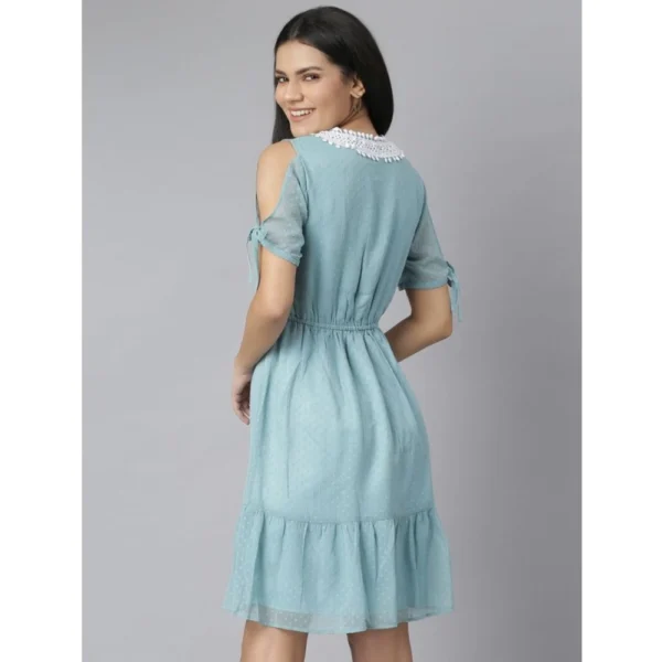 Women's Chiffon Self Design V-Neck Tie Ups Dress (Green) - Image 4
