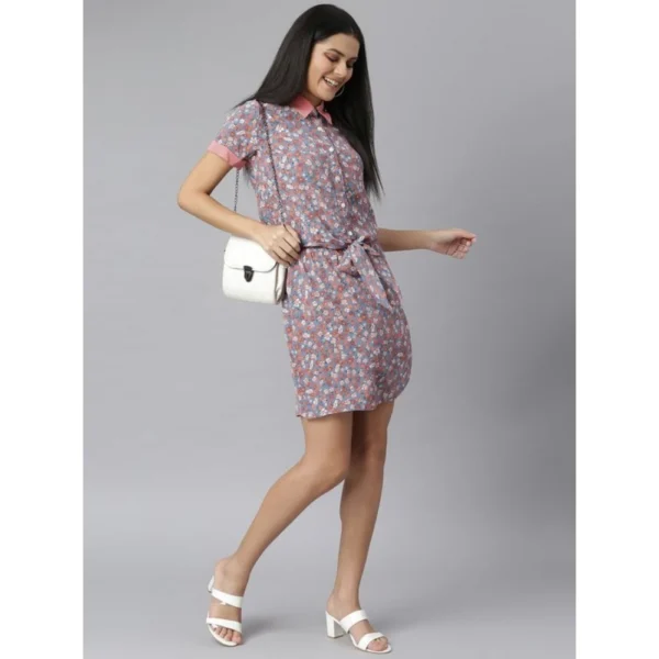 Women's Polyester Moss Floral Collar Neck Short Sleeve Dress (Grey-Red) - Image 3