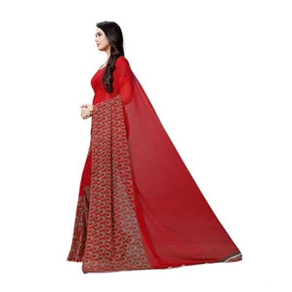 Women's Georgette Printed Saree With Unstitched Blouse 5.5Mtr (Red) - Image 3