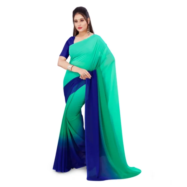 Women's Georgette Solid Saree With Unstitched Blouse 5.5Mtr (Turquoise Green) - Image 2